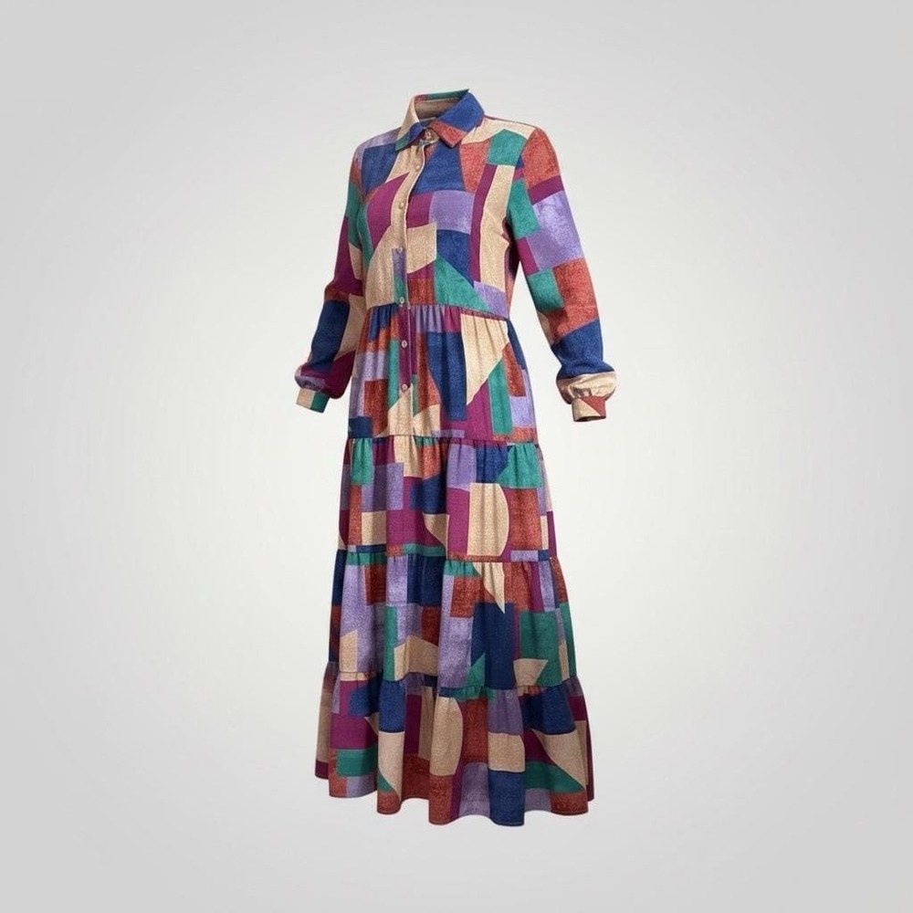 Carole Christian Geometric Patchwork‎ Tiered Maxi Dress Small Vintage Retro 80's